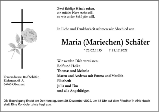 Traueranzeige von Maria  Schäfer von vrm-trauer Odenwälder Echo