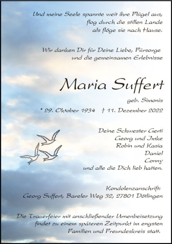 Traueranzeige von Maria Suffert von vrm-trauer Wiesbadener Kurier
