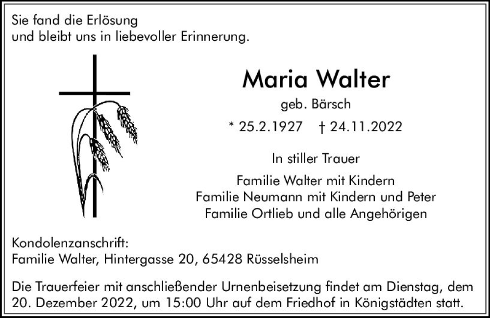  Traueranzeige für Maria Walter vom 03.12.2022 aus vrm-trauer Rüsselsheimer Echo / MainSpitze