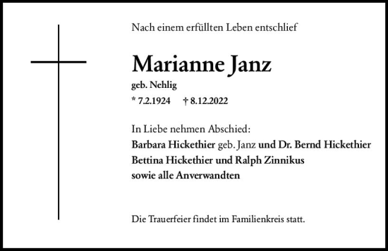 Traueranzeige von Marianne Janz von vrm-trauer Wiesbadener Kurier