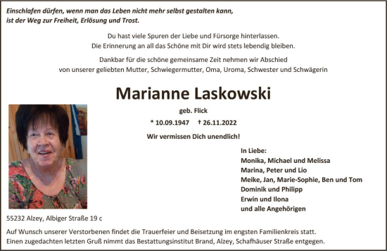 Traueranzeige von Marianne Laskowski von vrm-trauer Allgemeine Zeitung Alzey