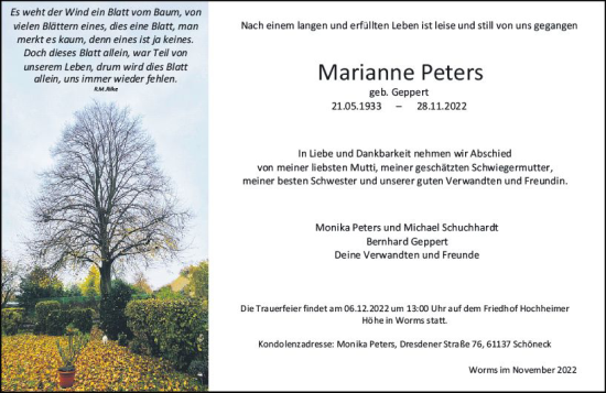 Traueranzeige von Marianne Peters von vrm-trauer Wormser Zeitung