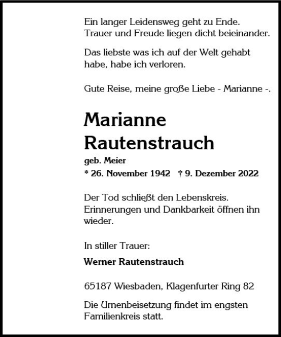 Traueranzeige von Marianne Rautenstrauch von vrm-trauer Wiesbadener Kurier