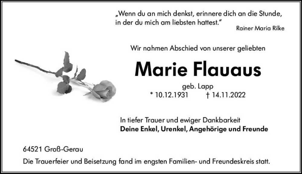  Traueranzeige für Marie Flauaus vom 17.12.2022 aus vrm-trauer Groß-Gerauer Echo