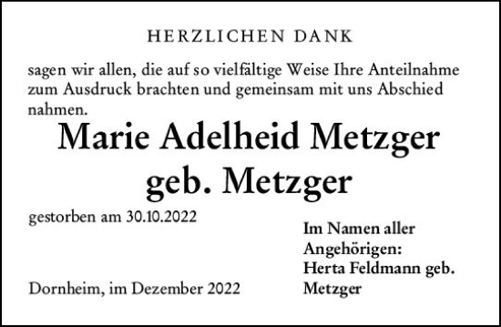 Traueranzeige von Marie Adelheid Metzger von vrm-trauer Groß-Gerauer Echo