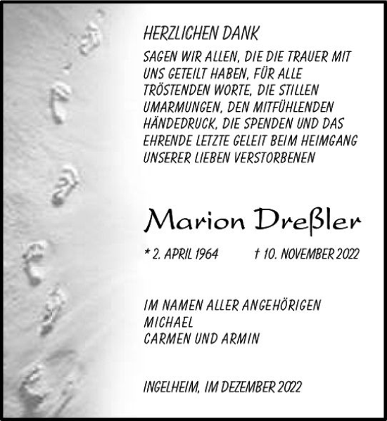 Traueranzeige von Marion Dreßler von vrm-trauer Allgemeine  Zeitung Ingelheim-Bingen