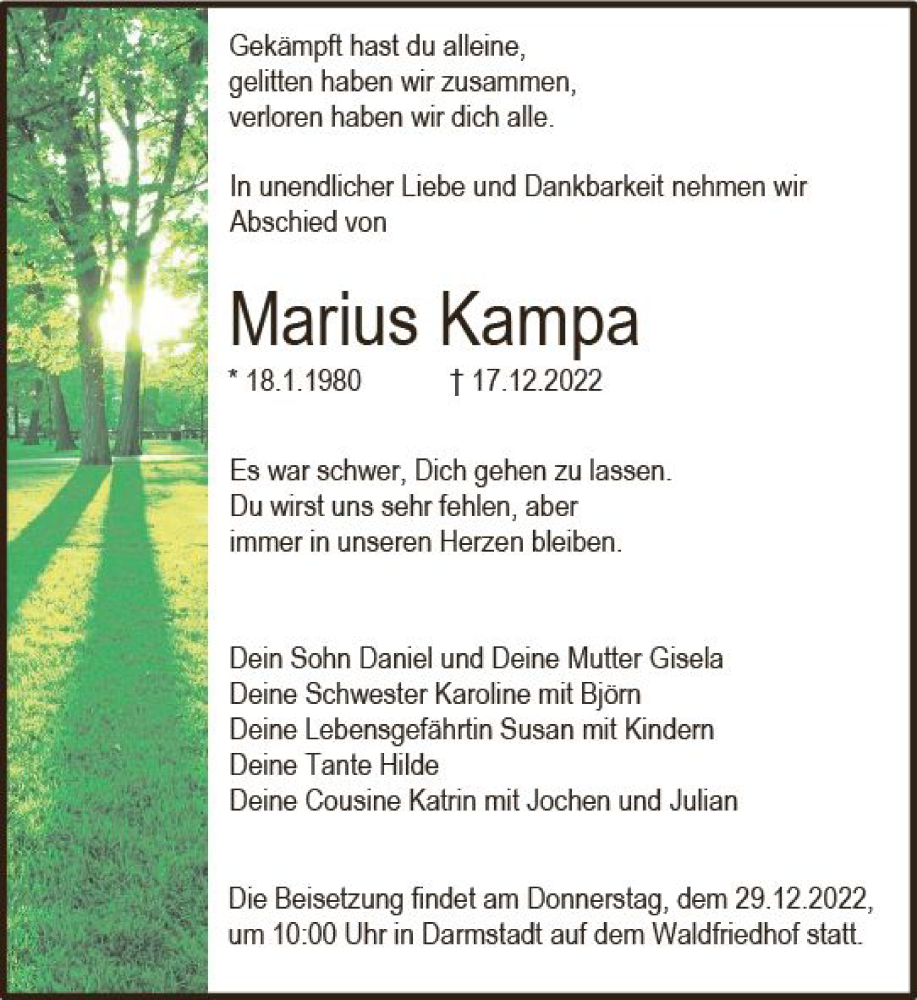  Traueranzeige für Marius Kampa vom 24.12.2022 aus vrm-trauer Darmstädter Echo