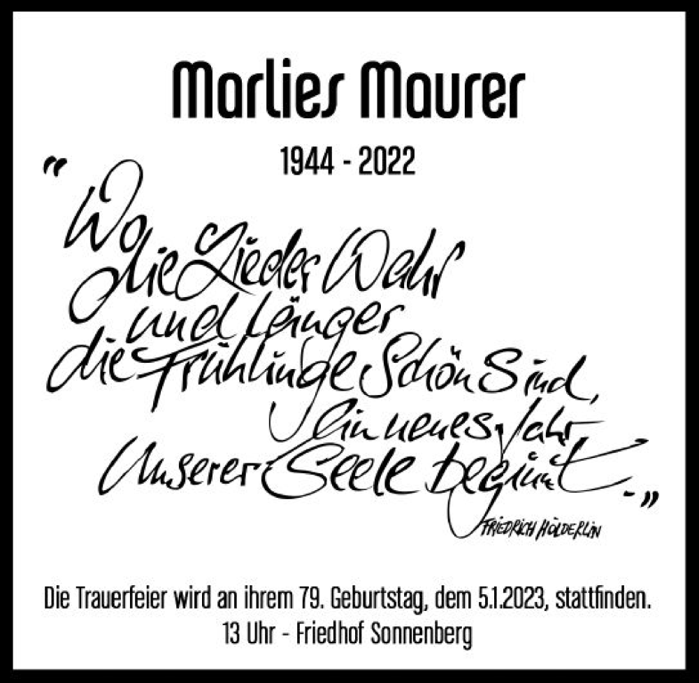  Traueranzeige für Marlies Maurer vom 10.12.2022 aus vrm-trauer Wiesbadener Kurier