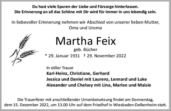 Traueranzeige von Martha Feix von vrm-trauer Wiesbadener Kurier