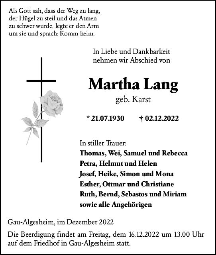  Traueranzeige für Martha Lang vom 10.12.2022 aus vrm-trauer Allgemeine  Zeitung Ingelheim-Bingen