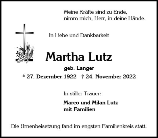 Traueranzeige von Martha Lutz von vrm-trauer Wiesbadener Kurier
