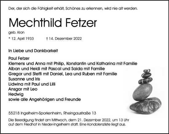 Traueranzeige von Mechthild Fetzer von vrm-trauer Allgemeine  Zeitung Ingelheim-Bingen