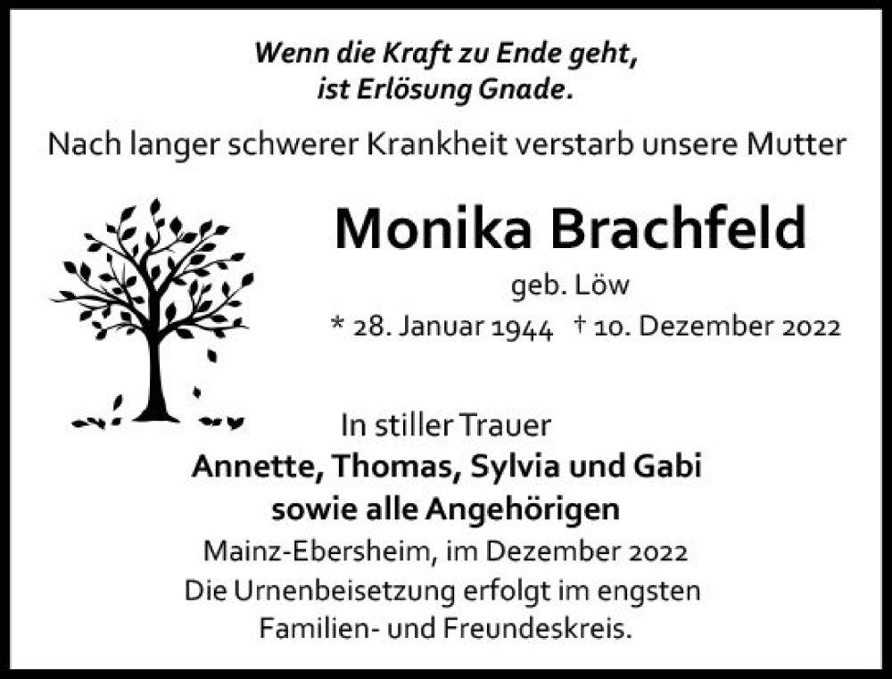  Traueranzeige für Monika Brachfeld vom 17.12.2022 aus vrm-trauer Wiesbadener Kurier