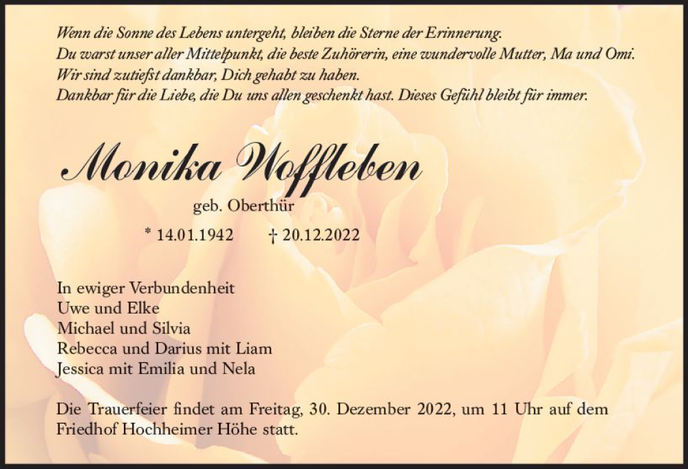  Traueranzeige für Monika Woffleben vom 28.12.2022 aus vrm-trauer Wormser Zeitung