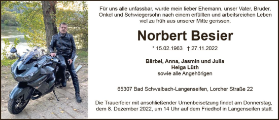 Traueranzeige von Norbert Besier von vrm-trauer WK-UTA