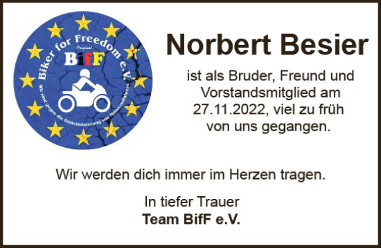 Traueranzeige von Norbert Besier von vrm-trauer WK-UTA