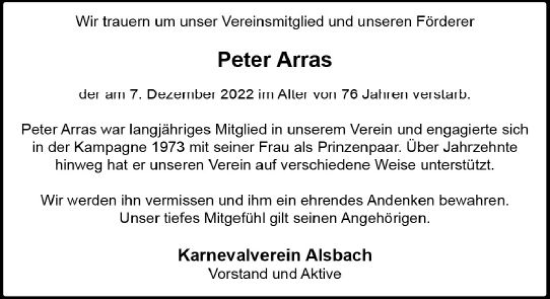 Traueranzeige von Peter Arras von vrm-trauer Darmstädter Echo