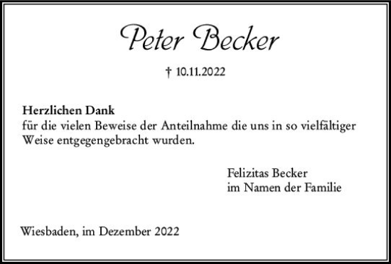 Traueranzeige von Peter Becker von vrm-trauer Wiesbadener Kurier