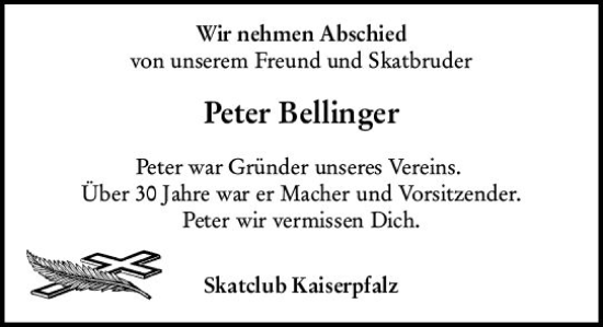Traueranzeige von Peter Bellinger von vrm-trauer Allgemeine  Zeitung Ingelheim-Bingen