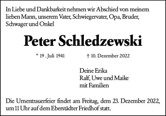 Traueranzeige von Peter Schledzewski von vrm-trauer Darmstädter Echo