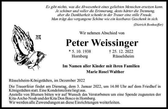 Traueranzeige von Peter Weissinger von vrm-trauer Rüsselsheimer Echo / MainSpitze