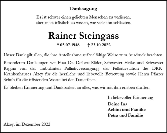 Traueranzeige von Rainer Steingass von vrm-trauer Allgemeine Zeitung Alzey