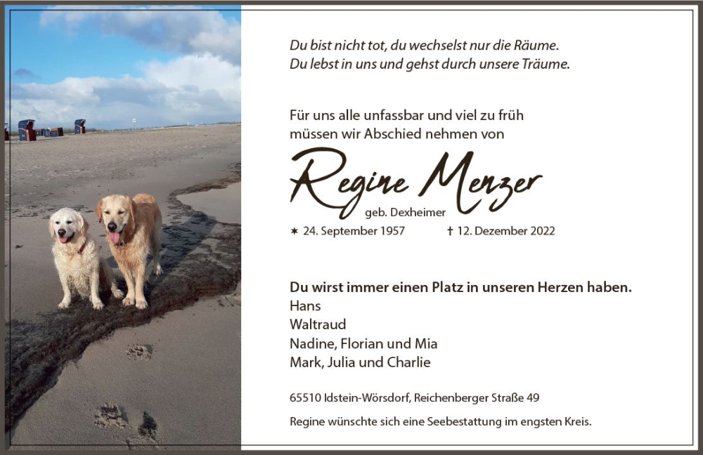  Traueranzeige für Regine Menzer vom 24.12.2022 aus vrm-trauer Idsteiner Zeitung