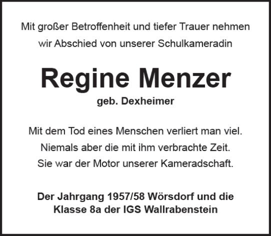 Traueranzeige von Regine Menzer von vrm-trauer Idsteiner Zeitung