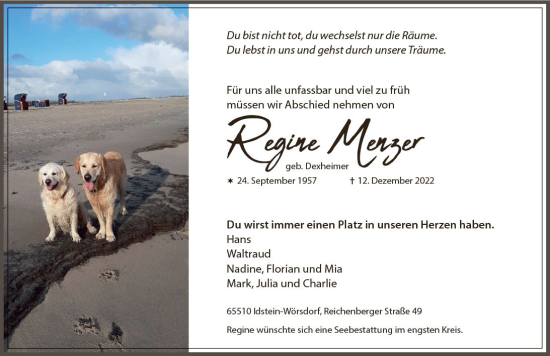 Traueranzeige von Regine Menzer von vrm-trauer Idsteiner Zeitung