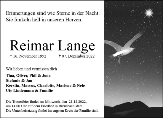 Traueranzeige von Reimar Lange von vrm-trauer Odenwälder Echo