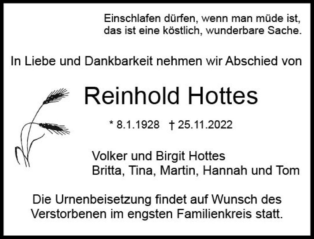  Traueranzeige für Reinhold Hottes vom 03.12.2022 aus vrm-trauer DieburgerAnzeiger/Groß-Zimmerner Lokala