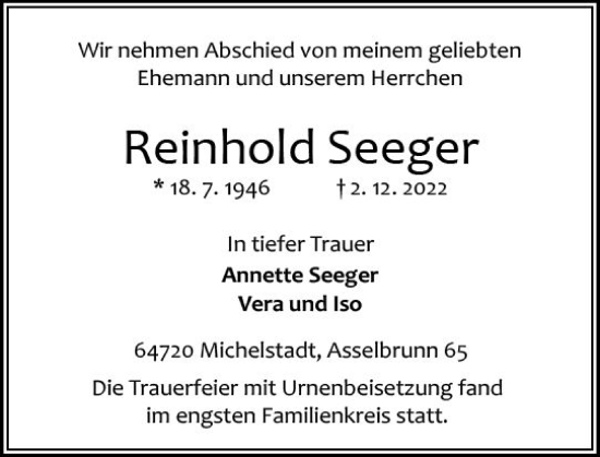 Traueranzeige von Reinhold Seeger von vrm-trauer Odenwälder Echo