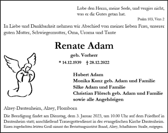 Traueranzeige von Renate Adam von vrm-trauer Allgemeine Zeitung Alzey