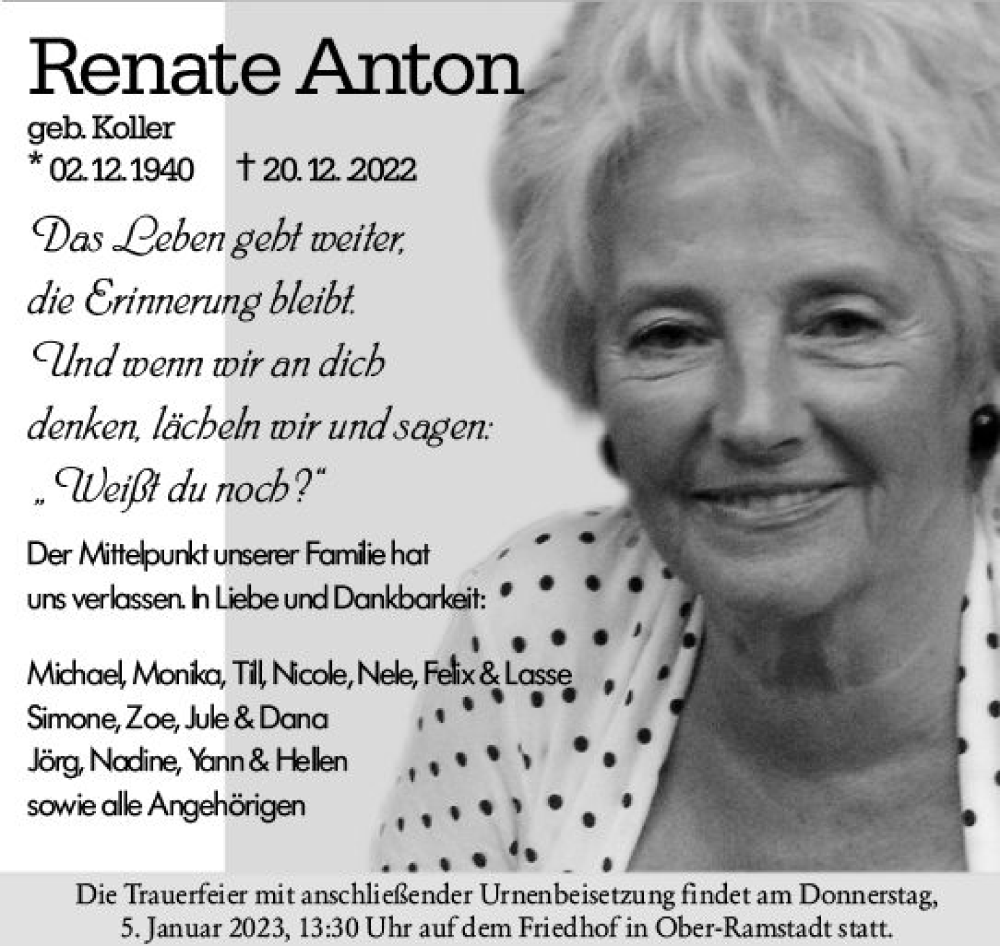  Traueranzeige für Renate Anton vom 31.12.2022 aus vrm-trauer Darmstädter Echo