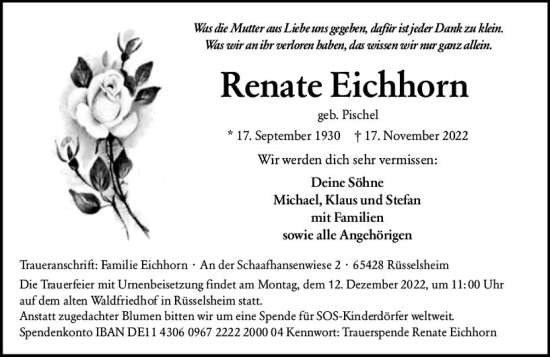 Traueranzeige von Renate Eichhorn von vrm-trauer Rüsselsheimer Echo / MainSpitze