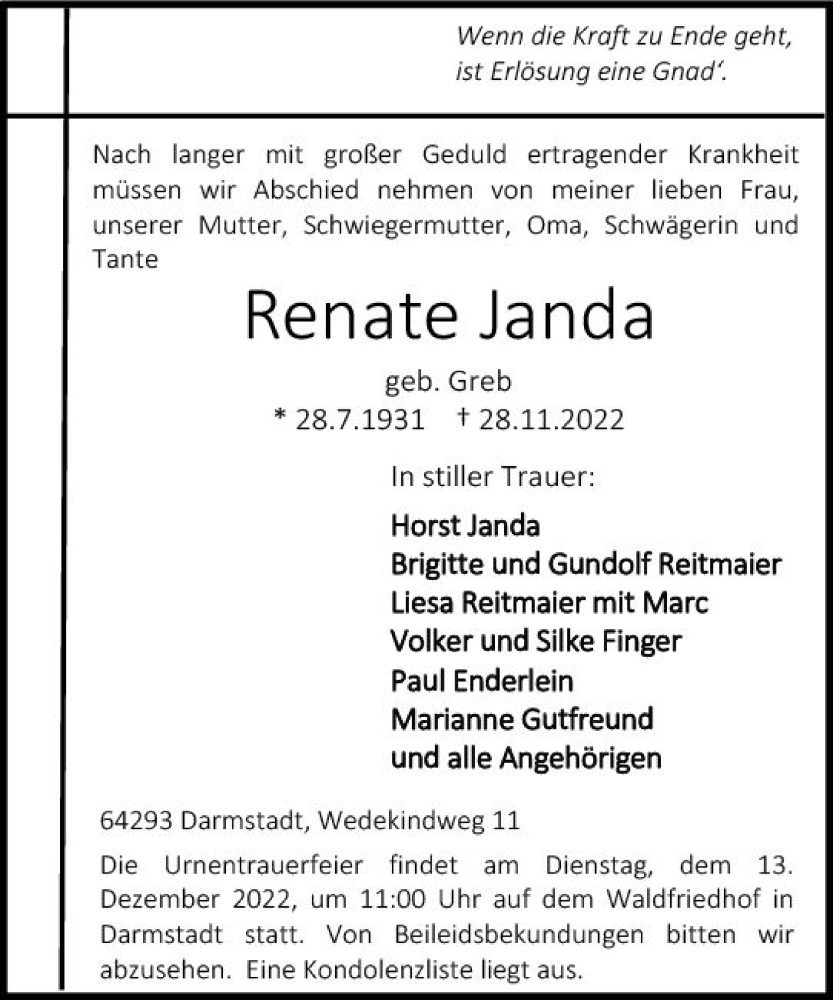  Traueranzeige für Renate Janda vom 03.12.2022 aus vrm-trauer Darmstädter Echo