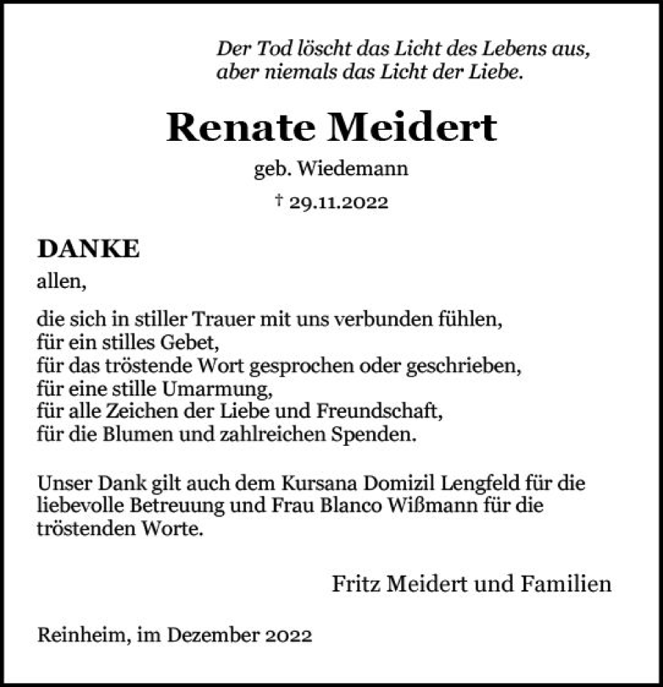  Traueranzeige für Renate Meidert vom 17.12.2022 aus vrm-trauer Darmstädter Echo