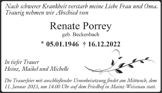Traueranzeige von Renate Porrey von vrm-trauer AZ Mainz