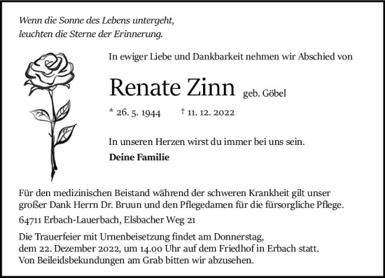 Traueranzeige von Renate Zinn von vrm-trauer Odenwälder Echo