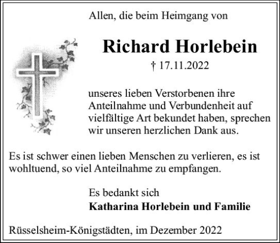 Traueranzeige von Richard Horlebein von vrm-trauer Rüsselsheimer Echo / MainSpitze