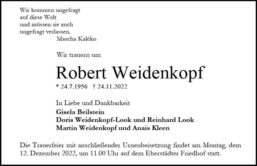  Traueranzeige für Robert Weidenkopf vom 03.12.2022 aus vrm-trauer Darmstädter Echo