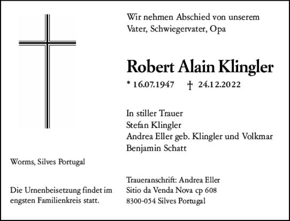  Traueranzeige für Robert Alain Klingler vom 31.12.2022 aus vrm-trauer Wormser Zeitung