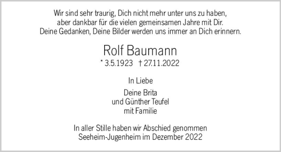 Traueranzeige von Rolf Baumann von vrm-trauer Darmstädter Echo