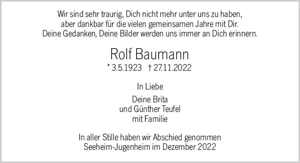  Traueranzeige für Rolf Baumann vom 14.12.2022 aus vrm-trauer Darmstädter Echo