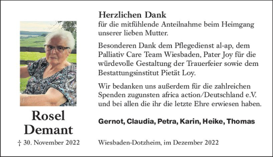 Traueranzeige von Rosel Demant von vrm-trauer Wiesbadener Kurier