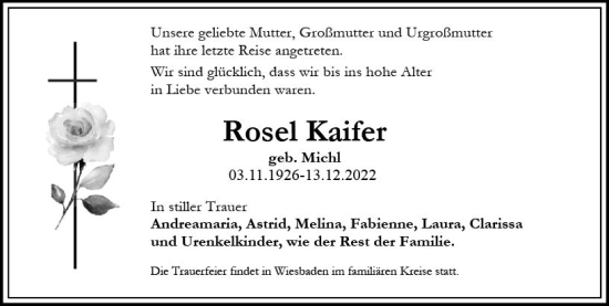 Traueranzeige von Rosel Kaifer von vrm-trauer Wiesbadener Kurier
