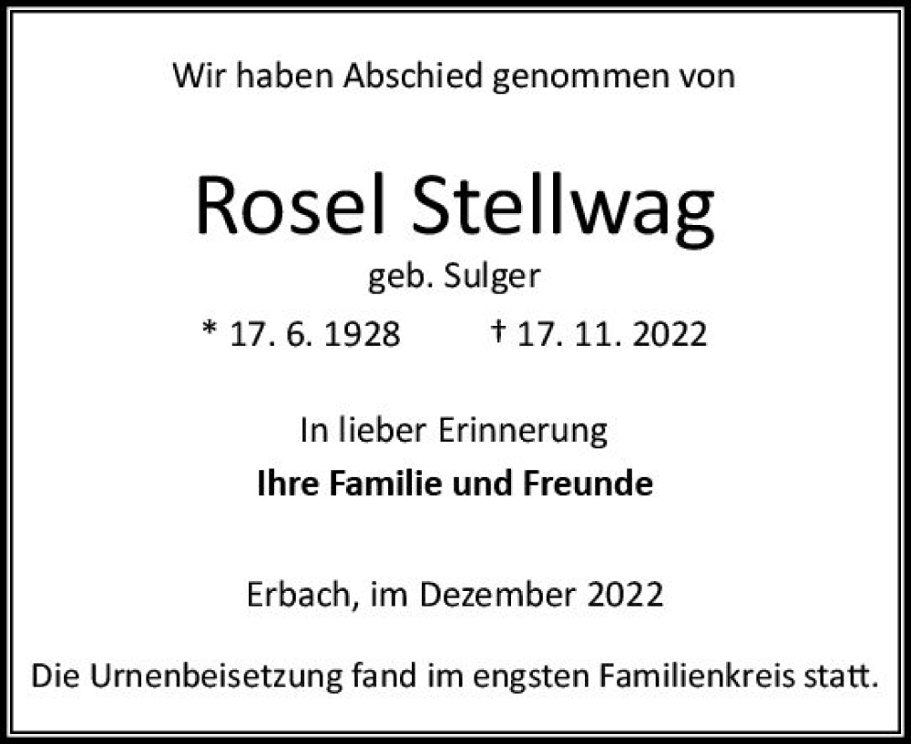  Traueranzeige für Rosel Stellwag vom 17.12.2022 aus vrm-trauer Odenwälder Echo