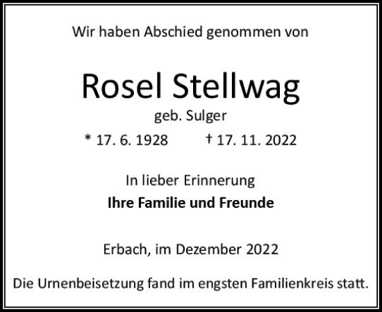 Traueranzeige von Rosel Stellwag von vrm-trauer Odenwälder Echo
