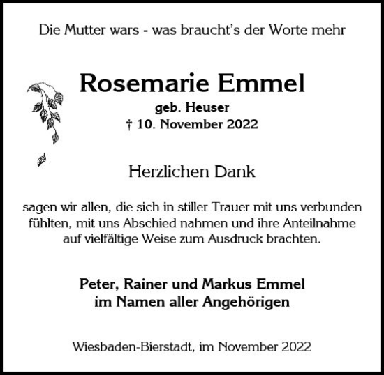 Traueranzeige von Rosemarie Emmel von vrm-trauer Wiesbadener Kurier