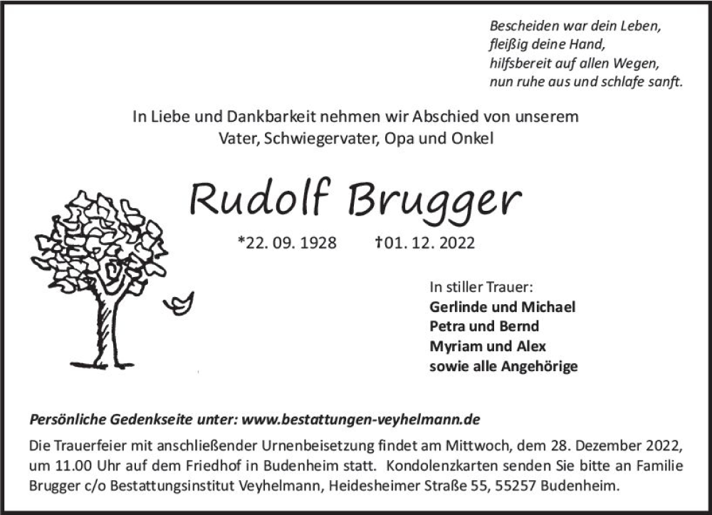  Traueranzeige für Rudolf Brugger vom 10.12.2022 aus vrm-trauer AZ Mainz